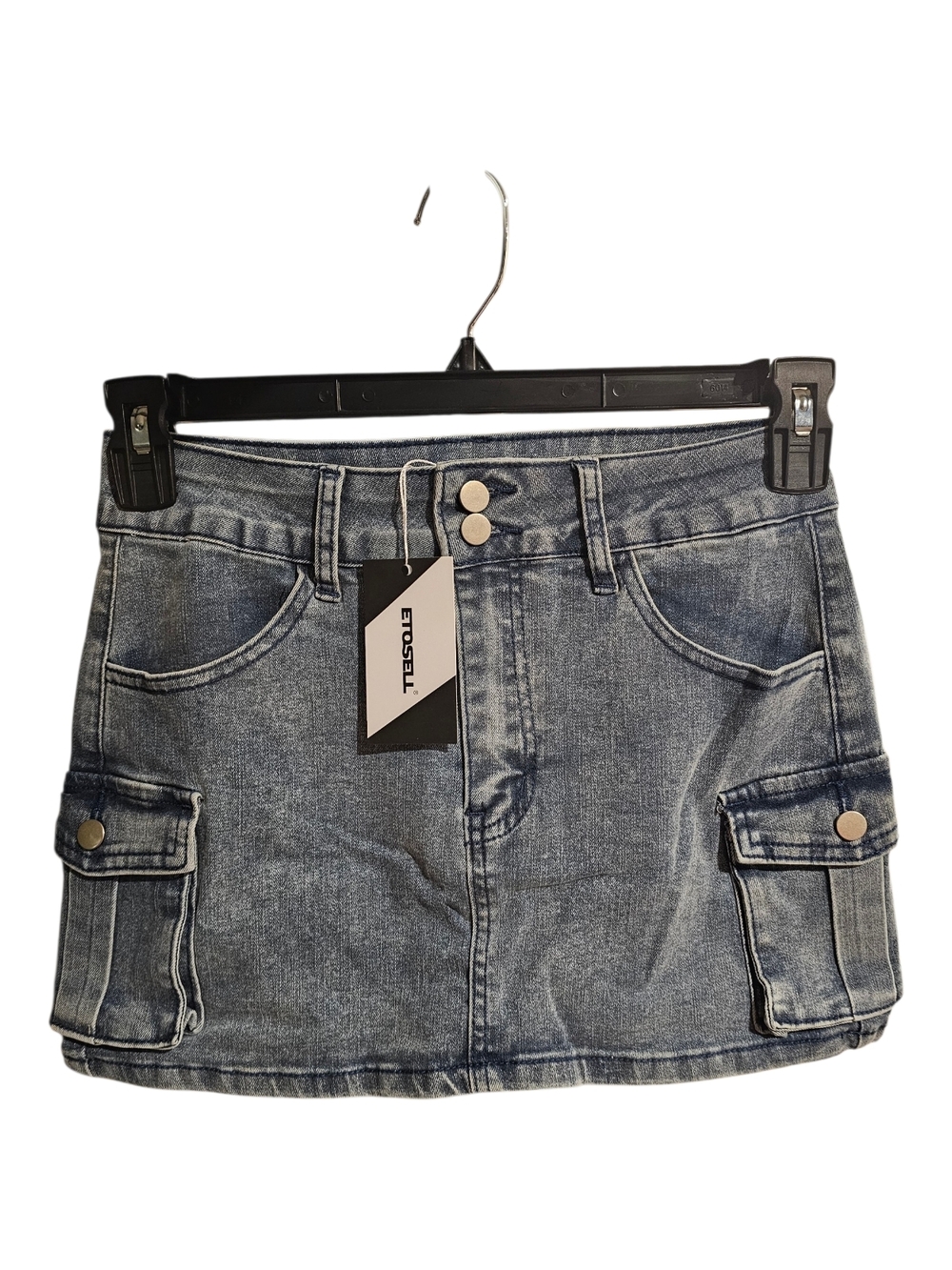 Washed Blue Denim Cargo Mini Skirt